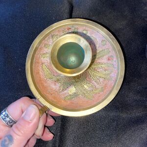 Brass Candle Stick Holder w/ Finger Ring/Thumb Rest & Enameled Design - Vintage